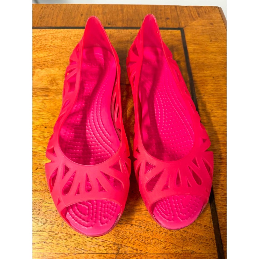 Crocs Womens 7 Pink Adrina Peep Toe Flat Jelly Sunburst Cut Out Comfort Shoes